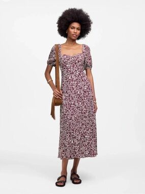 Madewell Burgundy Floral Puff-Sleeve Midi Dress on White